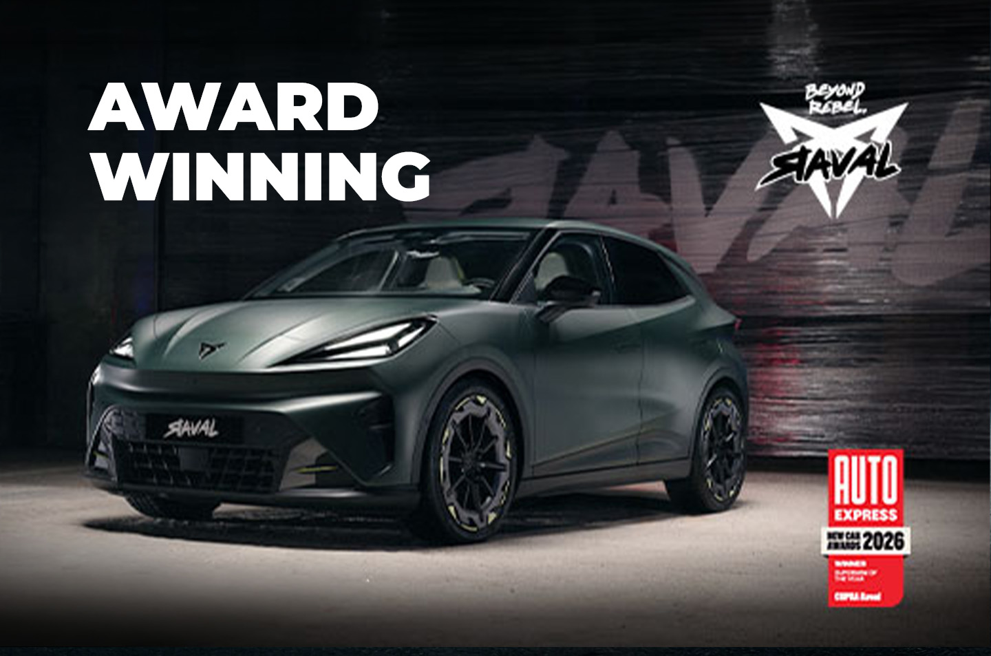 CUPRA Raval award-winning campaign artwork; model shown may differ from the V1 offer
