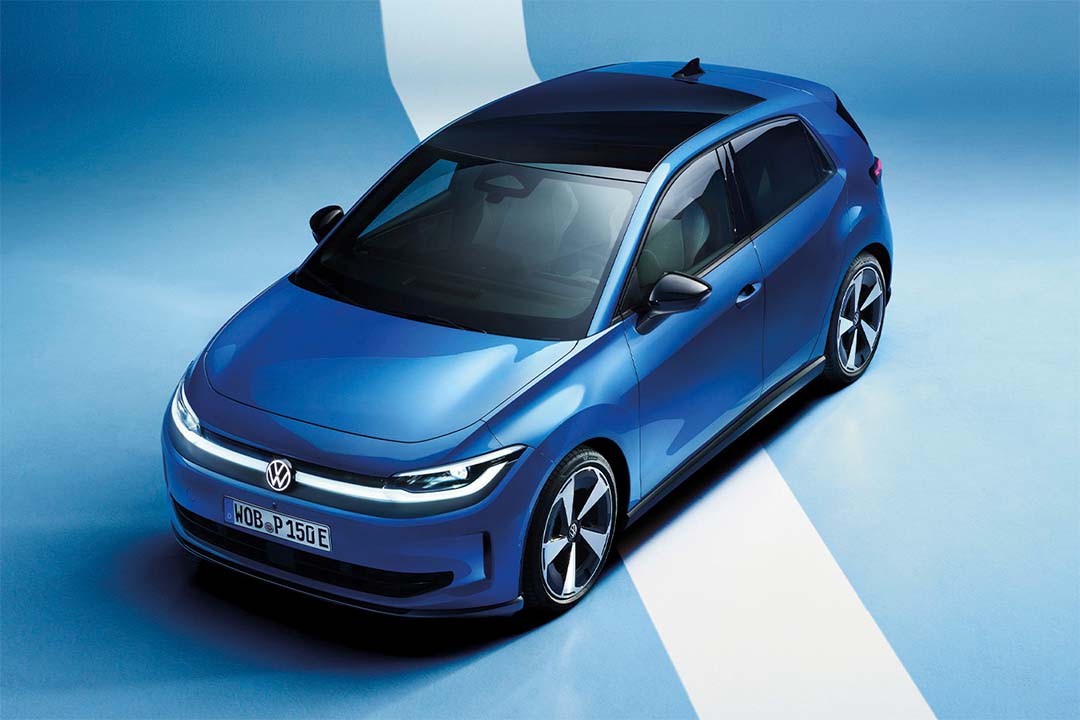 Blue Volkswagen ID. Polo electric hatchback viewed from the front