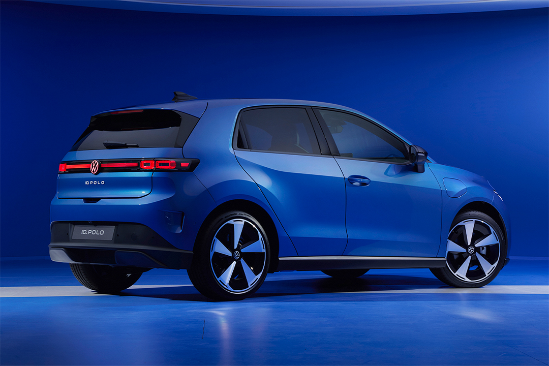 Blue Volkswagen ID. Polo electric car viewed from the rear
