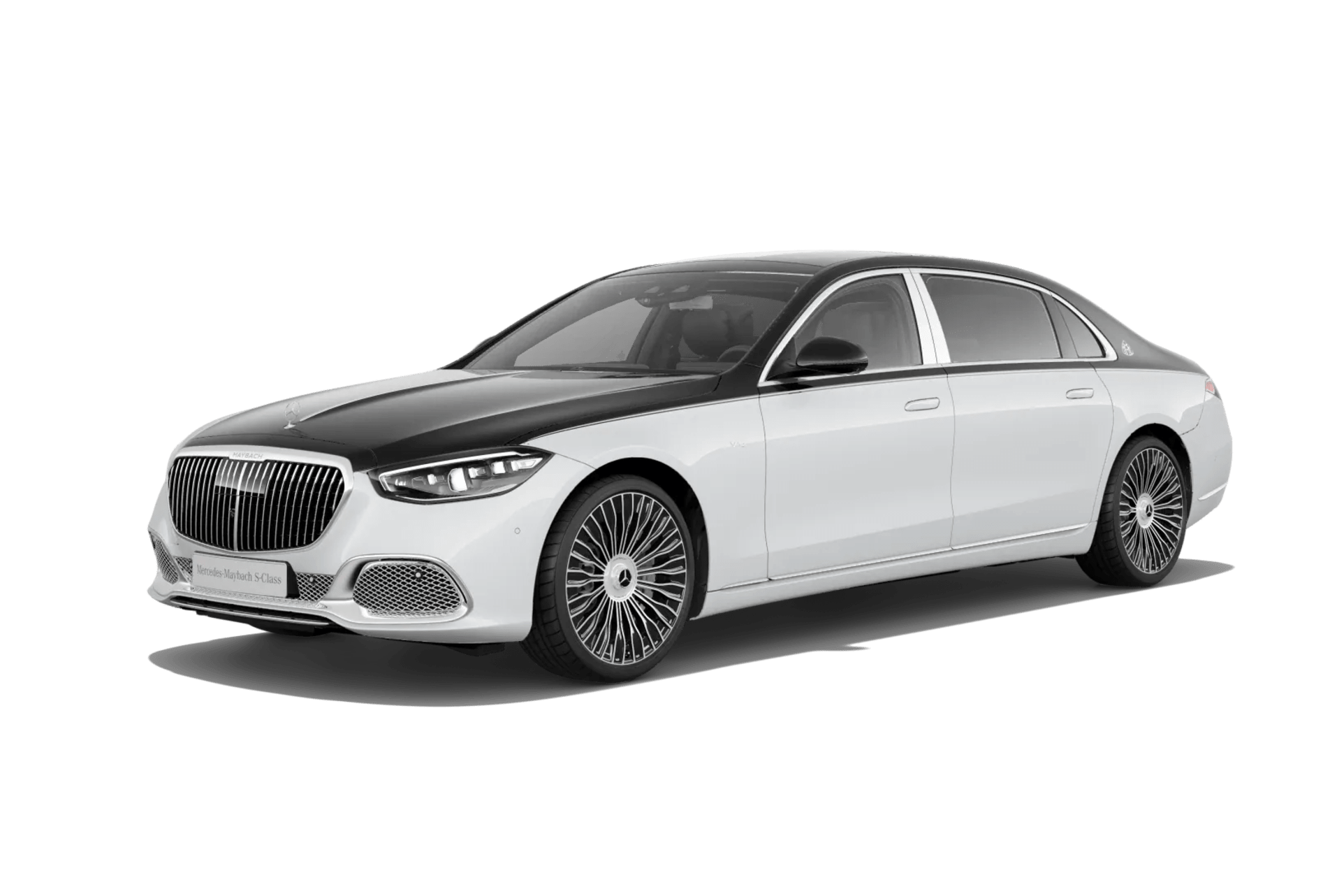 White and silver Mercedes-Maybach S-Class front three-quarter view
