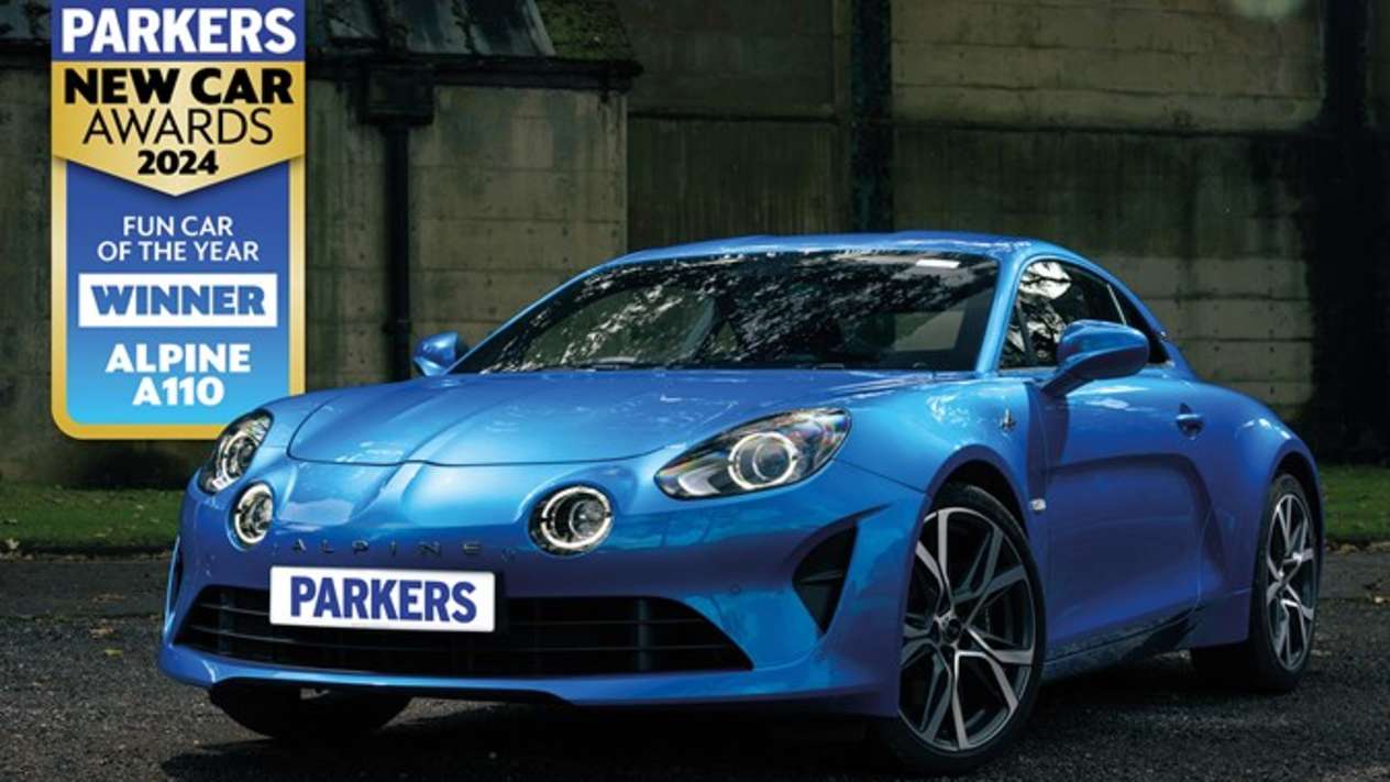 A blue Alpine A110 with a banner that says "Parker New Car Awards 2024 Fun Car of the Year Winner Alpine A110"