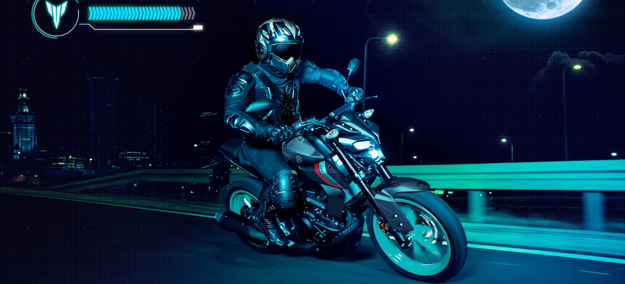 Yamaha MT-125 2023 Cyan Storm : trois quarts avant droit sur route