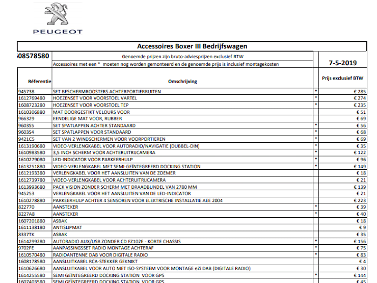 Prijslijst accessoires Peugeot Boxer