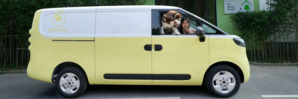 Two Tone Yellow Maxus eDELIVER 5 with furry friend