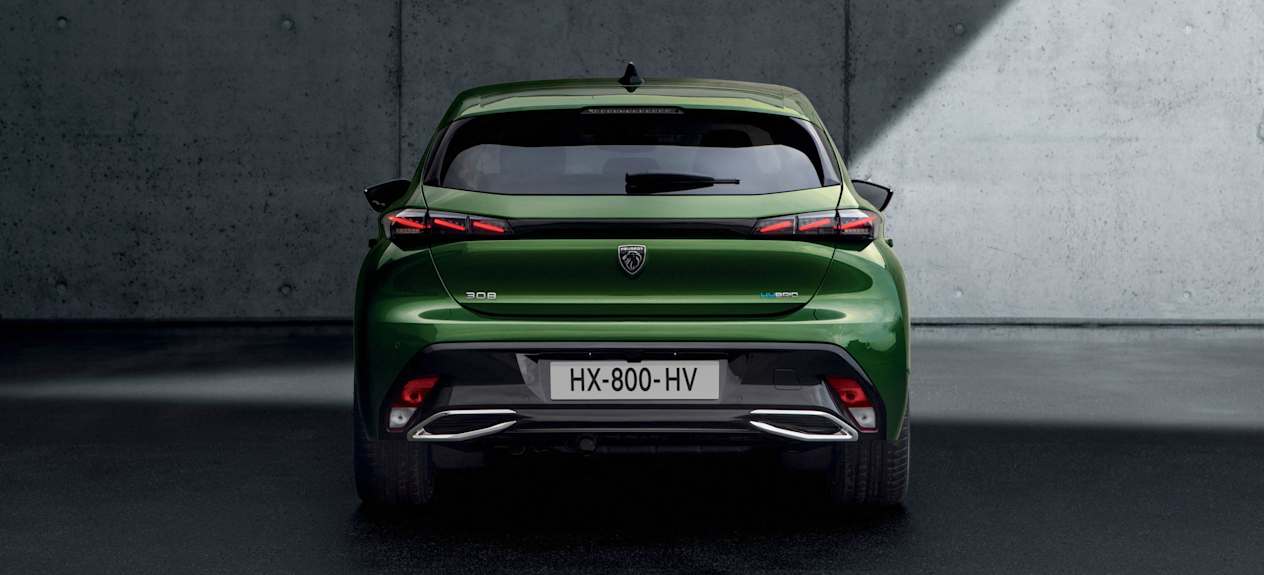 Peugeot 308 2021 verte : face arrière statique