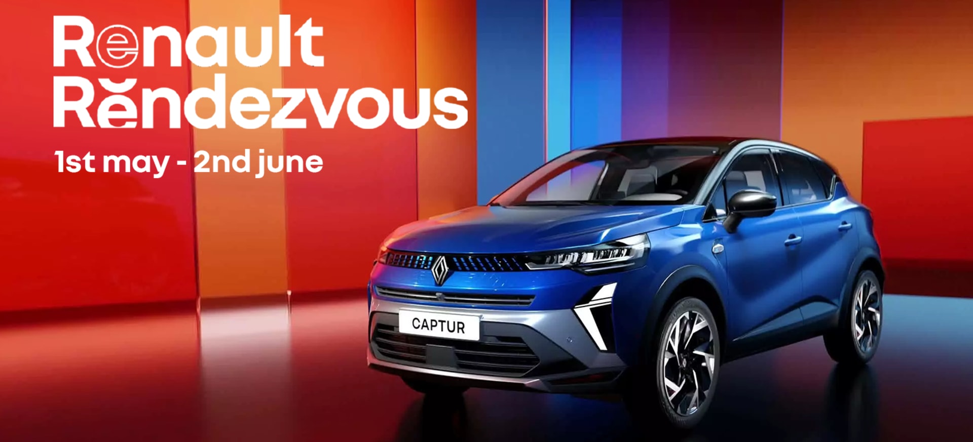 A blue Renault Captur displayed against a vibrant, multicoloured background.