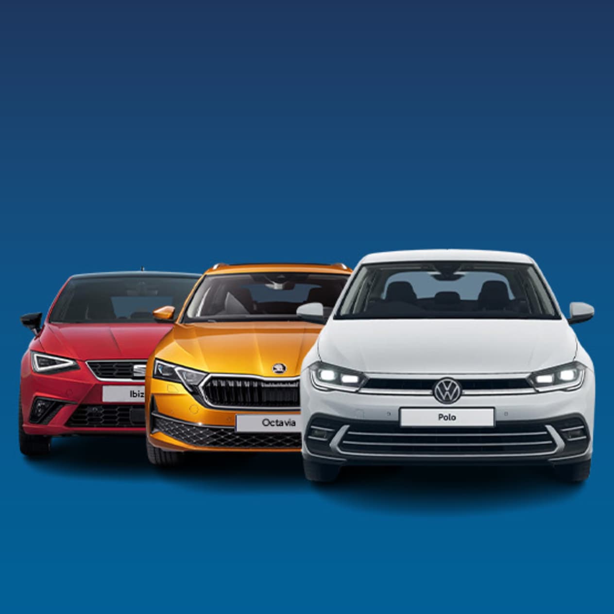 Volkswagen, Skoda and SEAT cars on a blue background