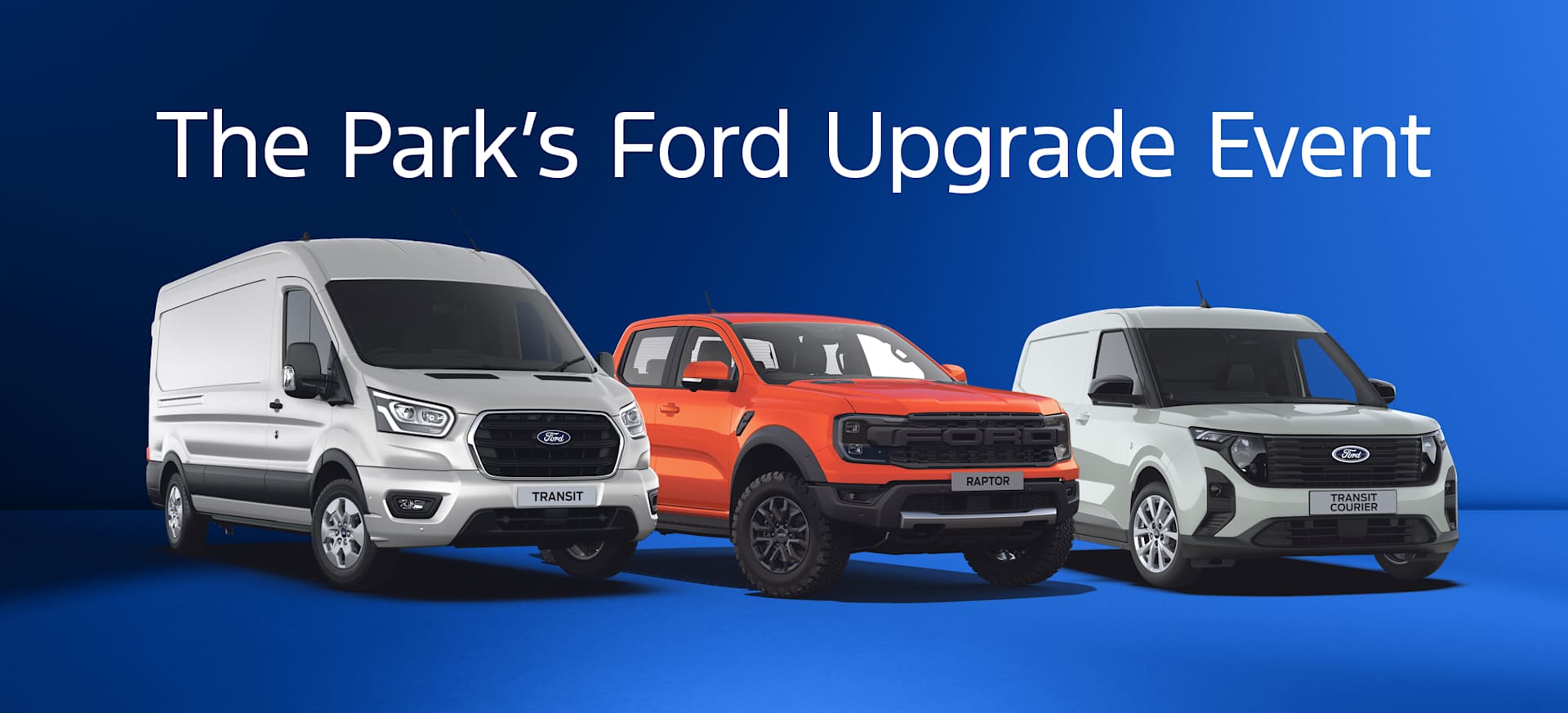 Three Ford vehicles displayed against a blue background, promoting an upgrade event.