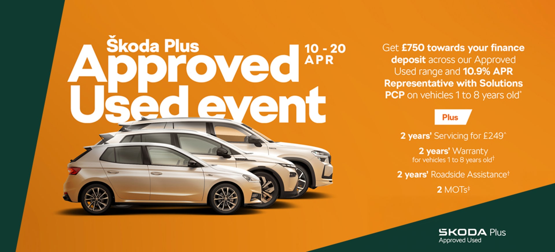 Three Škoda cars displayed against an orange background, promoting an approved used event.
