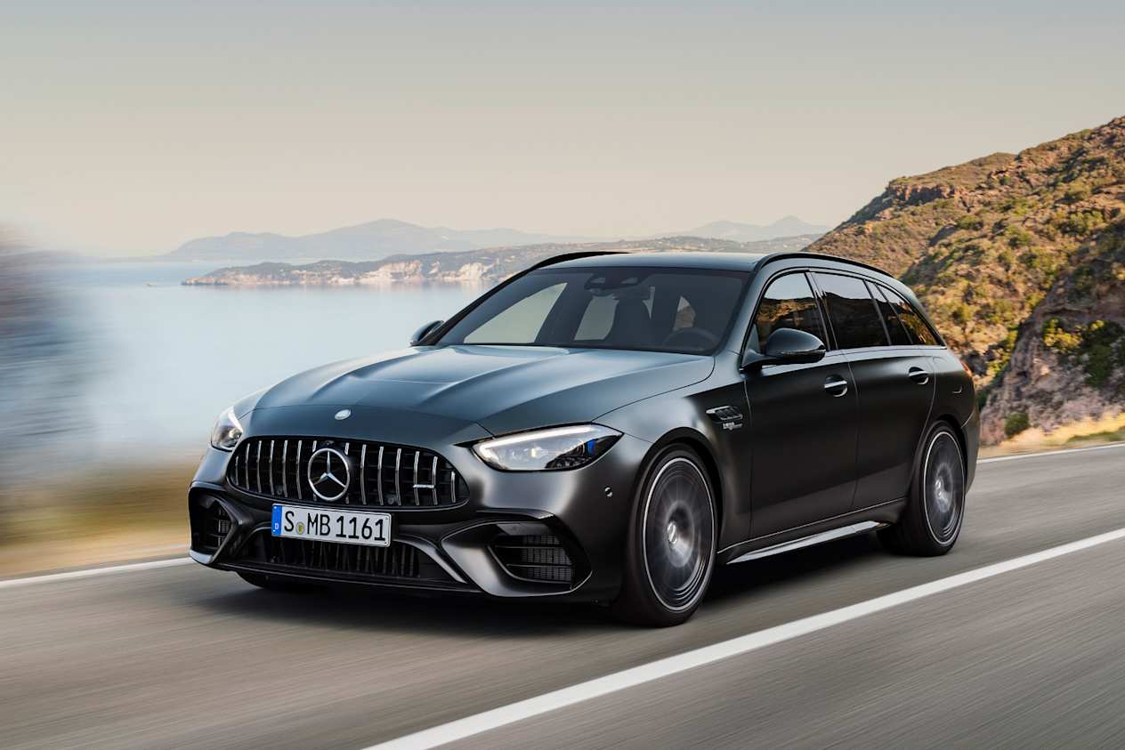 Mercedes-AMG C 63 SE break : trois quarts avant gauche sur route