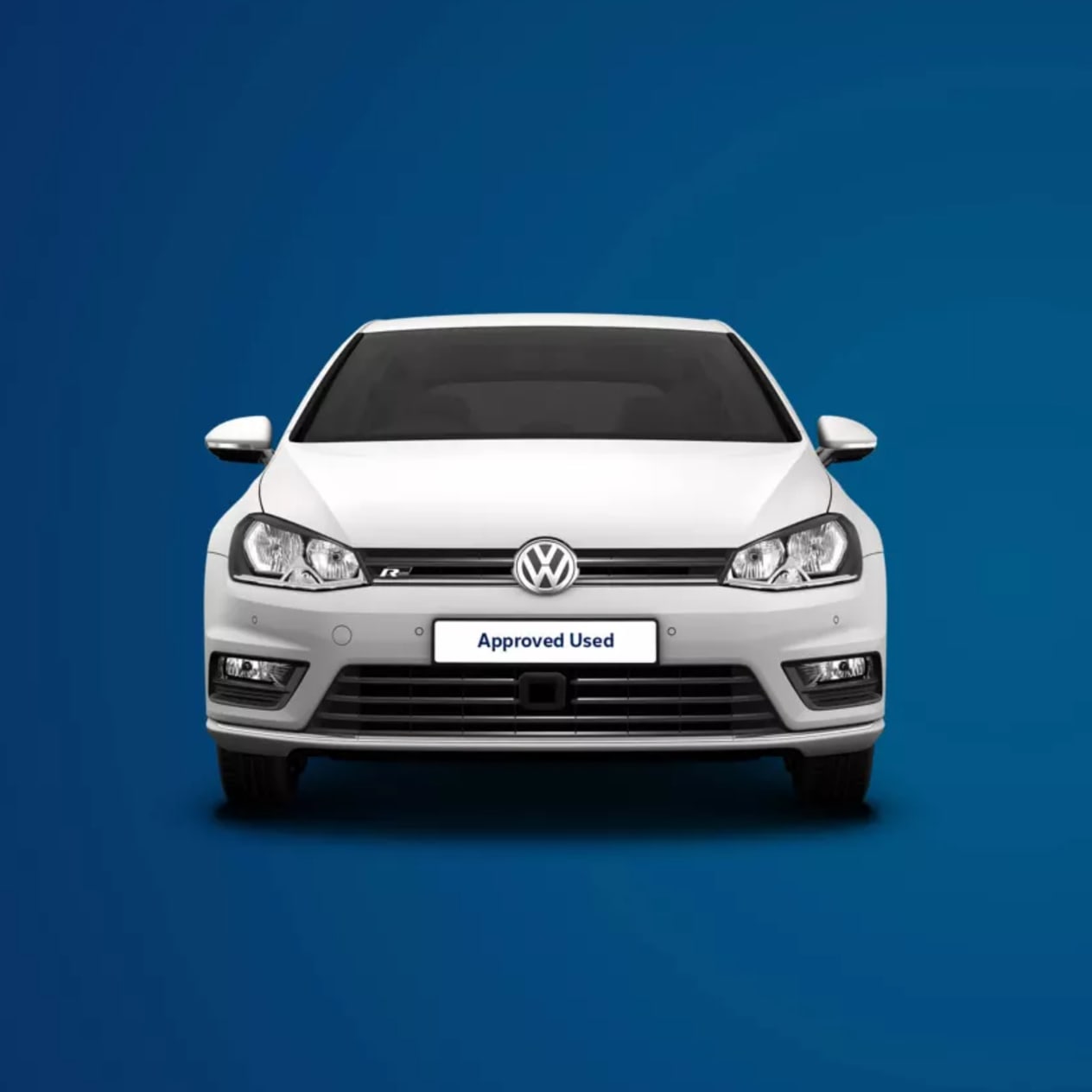 Volkswagen Golf front with approved used number plate on blue background.