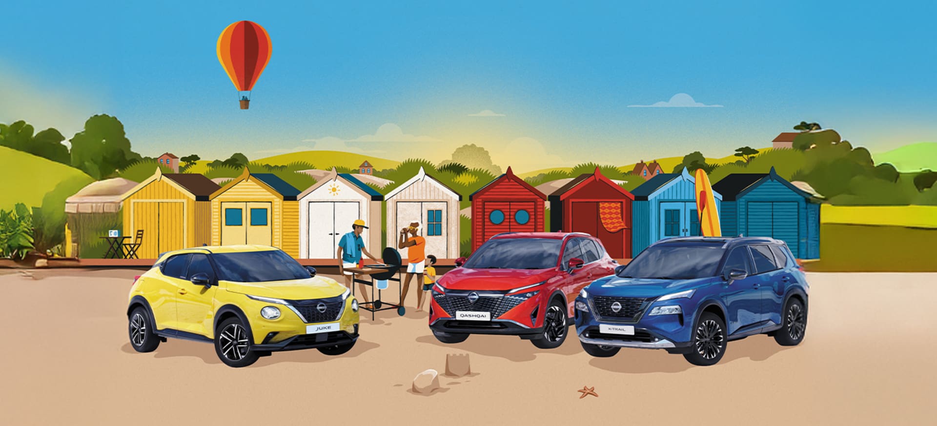 Three cars in vibrant colours are parked on a sandy beach, with colourful beach huts and a hot air balloon in the background.