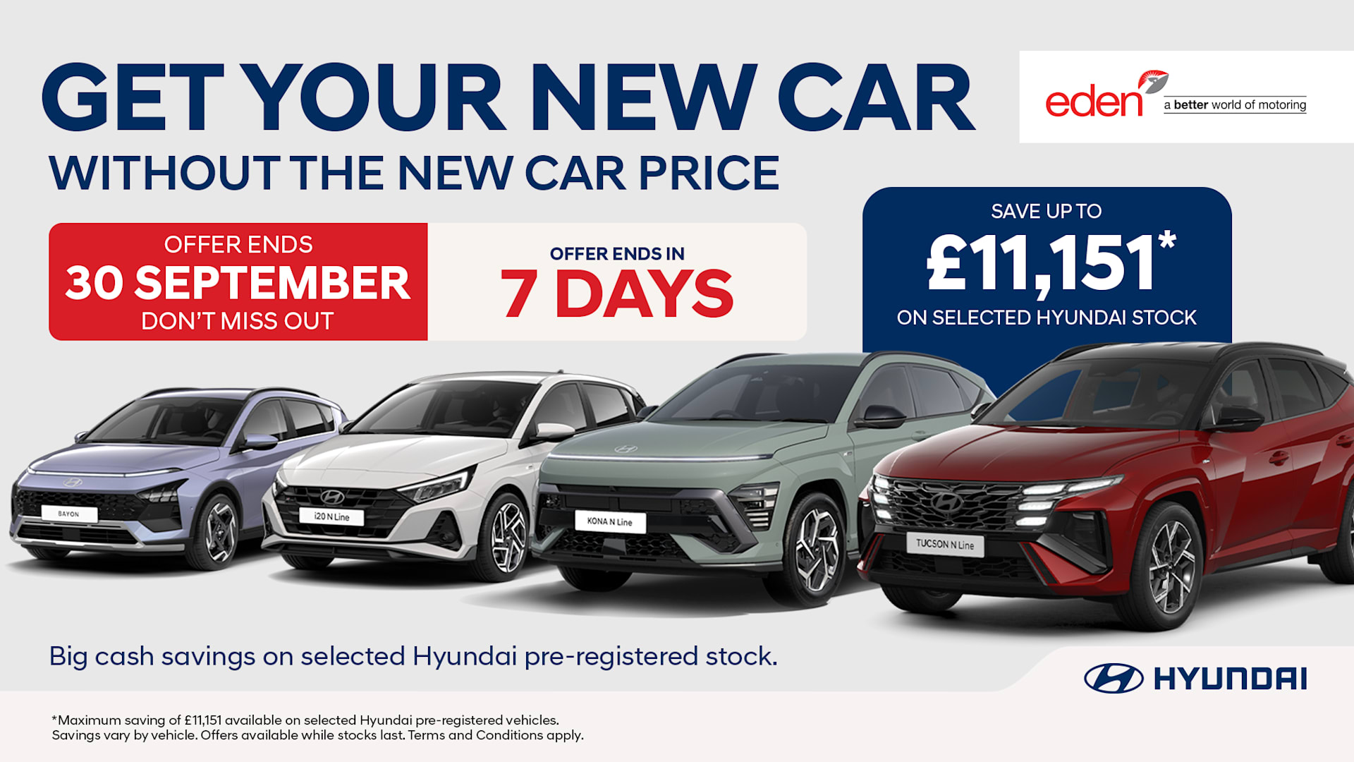 Hyundai September cash savings campaign featuring Bayon, i20, Kona and Tucson with savings up to £11,151