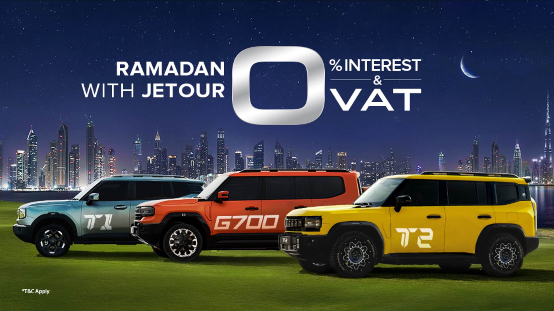 Jetour Ramadan 2026 offers banner featuring T1, G700, and T2 SUVs against the Dubai skyline at night.