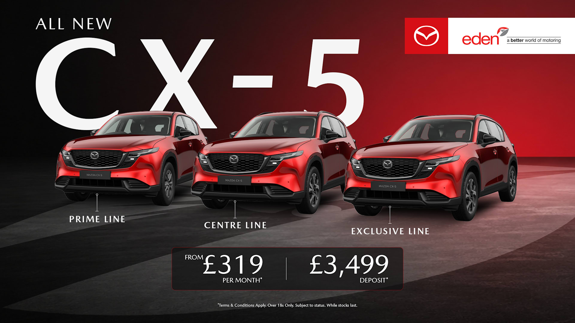Three all-new Mazda CX-5 models showcasing the Prime Line, Centre Line and Exclusive Line offers from Eden Mazda.