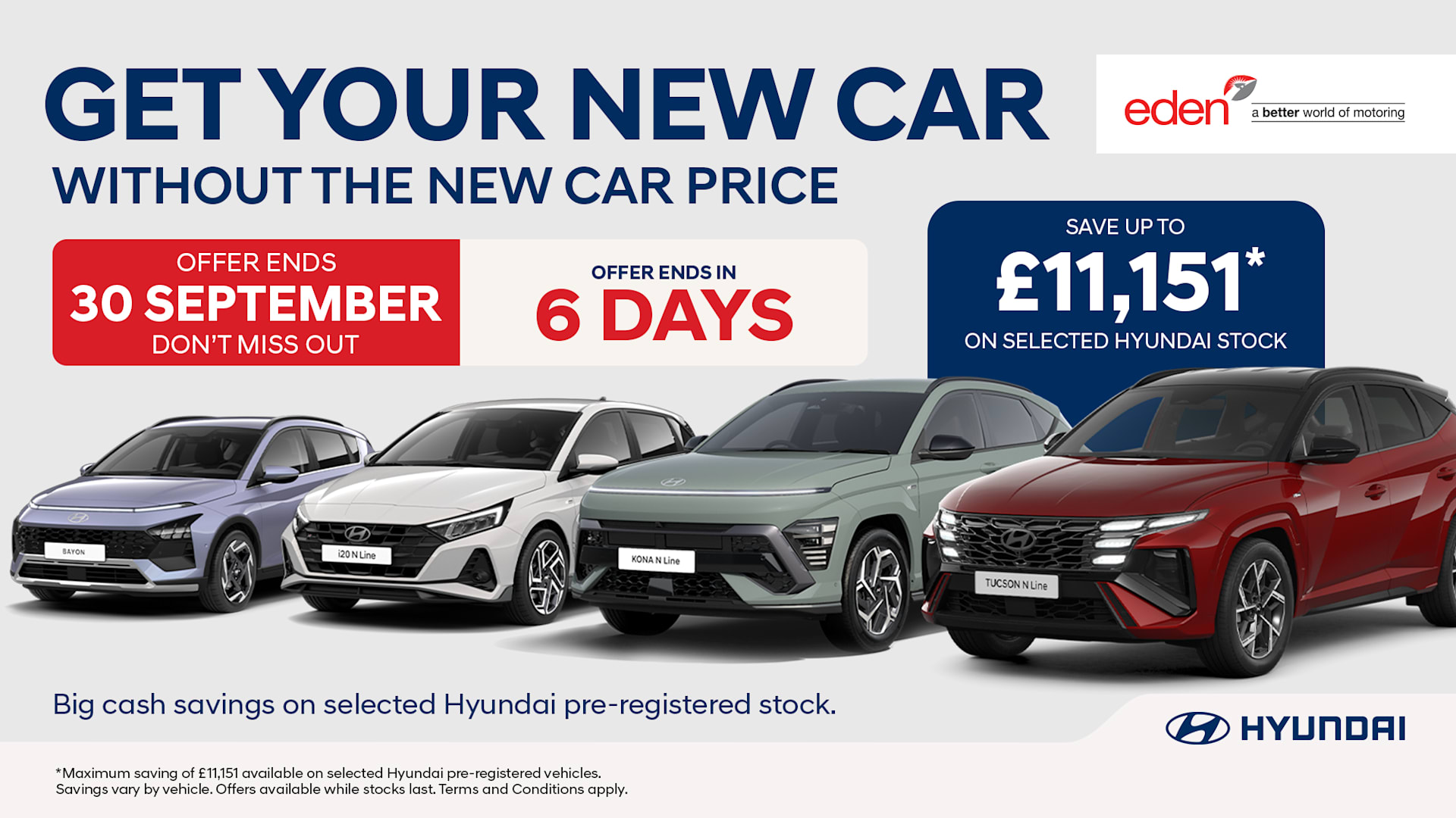 Hyundai September cash savings campaign featuring Bayon, i20, Kona and Tucson with savings up to £11,151