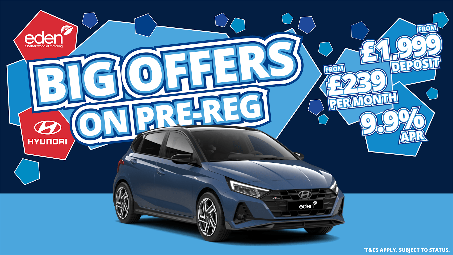 Big offers on Hyundai pre-reg cars, including the i20, with finance from £239 per month and 9.9% APR.