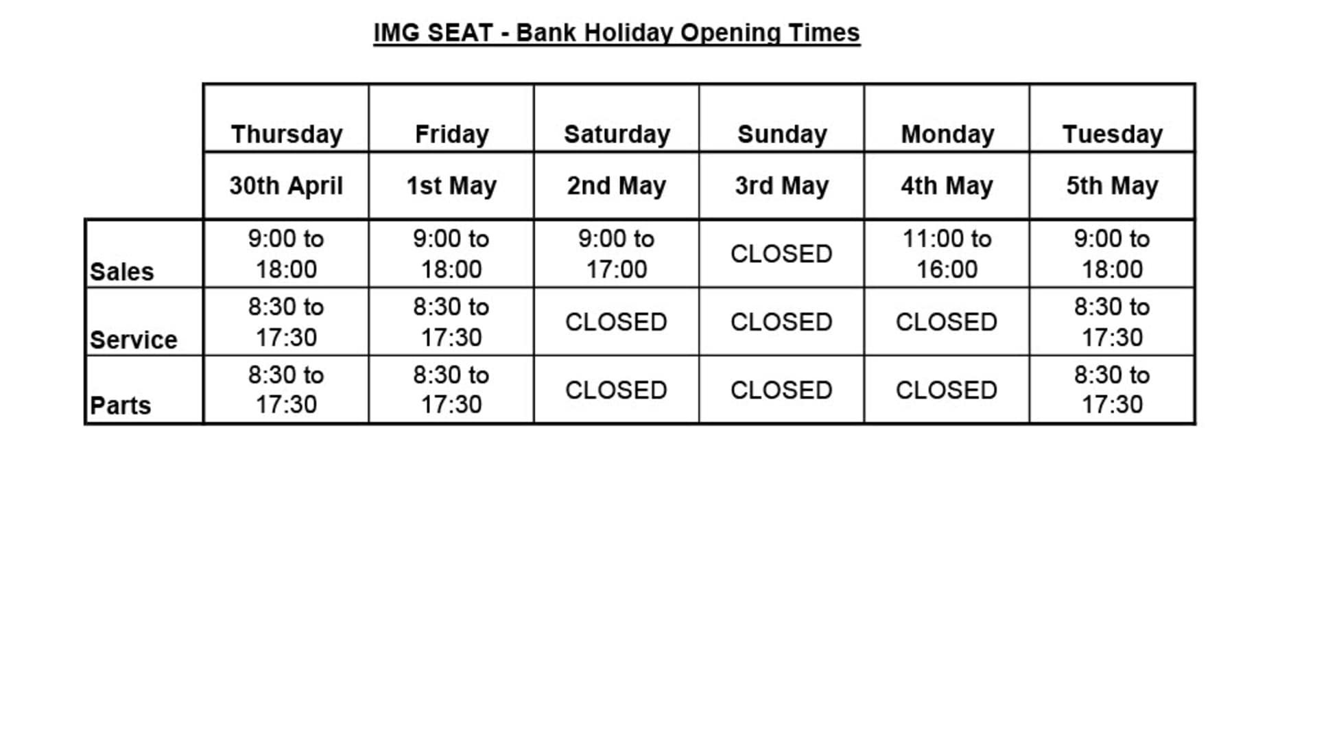 Bank Holiday Opening Hours