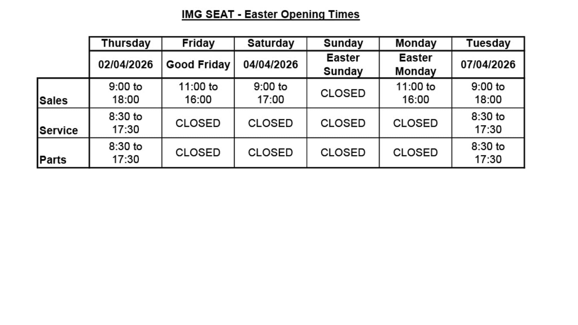 Easter Opening Hours