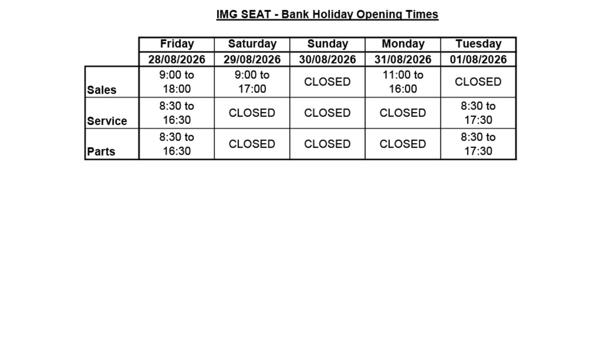 Bank Holiday Opening Hours