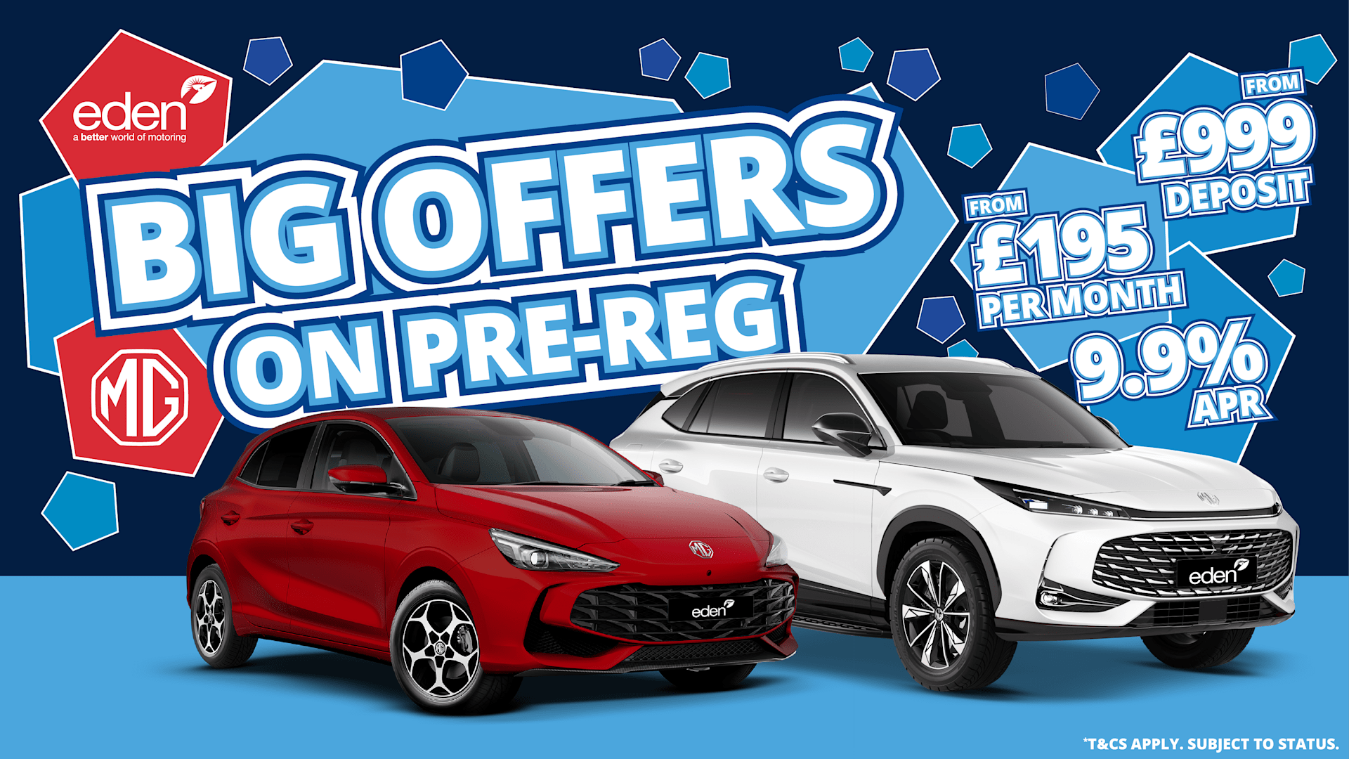 Big offers on MG pre-reg cars, including MG HS and MG3, with finance from £195 per month and 9.9% APR.