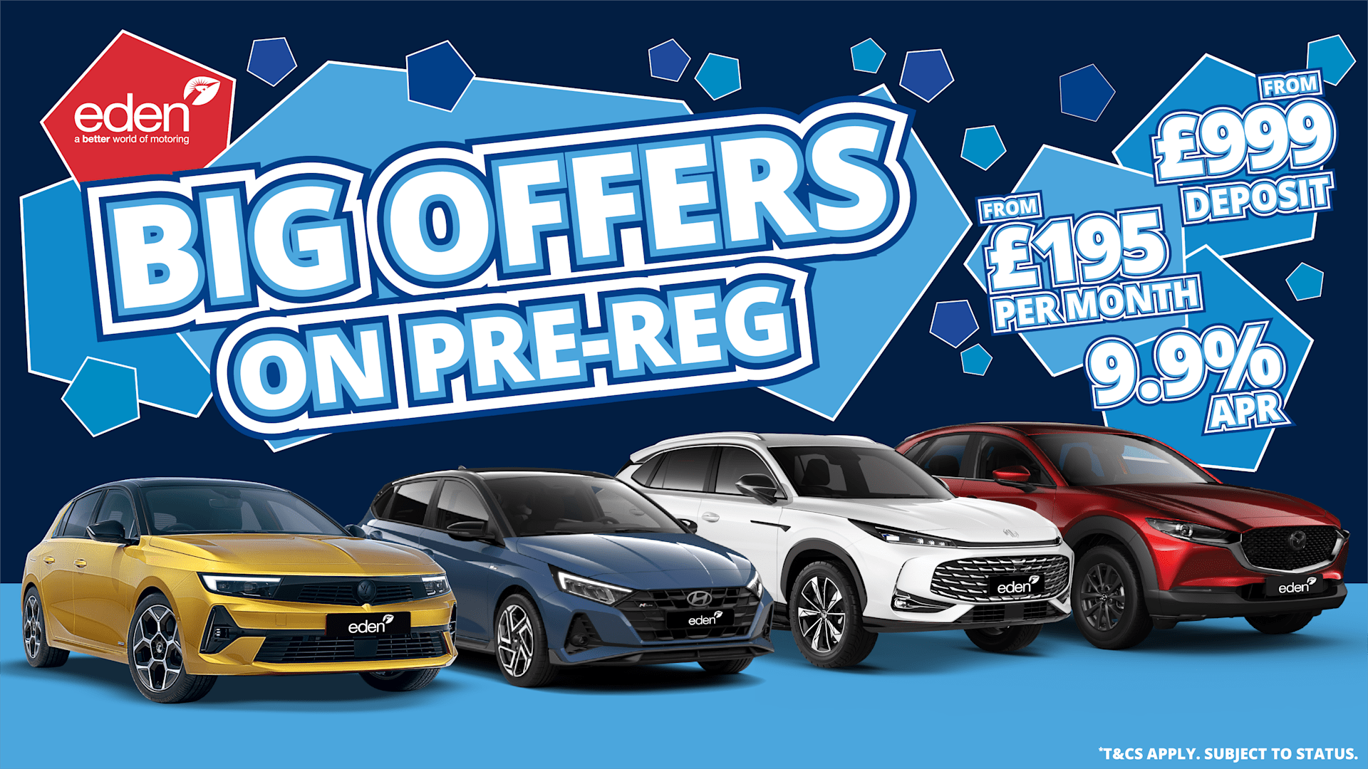 Big offers on pre-reg cars across leading brands, with finance from £195 per month and 9.9% APR.