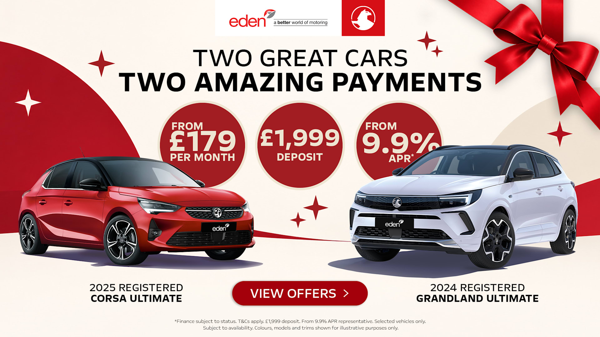 Eden Vauxhall Corsa and Grandland finance offers from £179 per month.