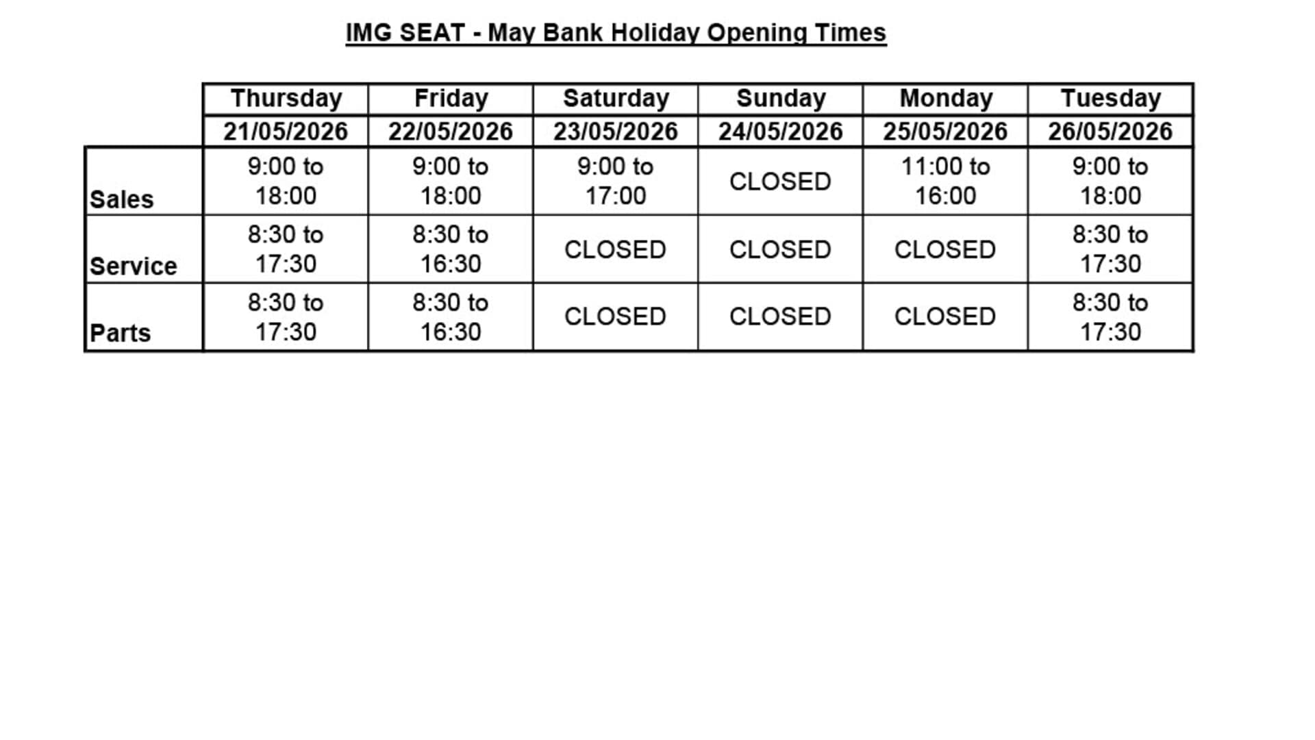 Bank Holiday Opening Hours