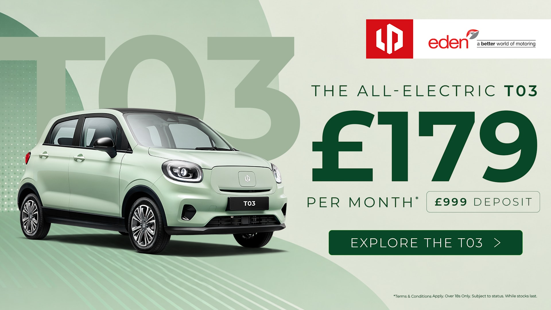 Mint green Leapmotor T03 with finance offer from £179 per month and £999 deposit