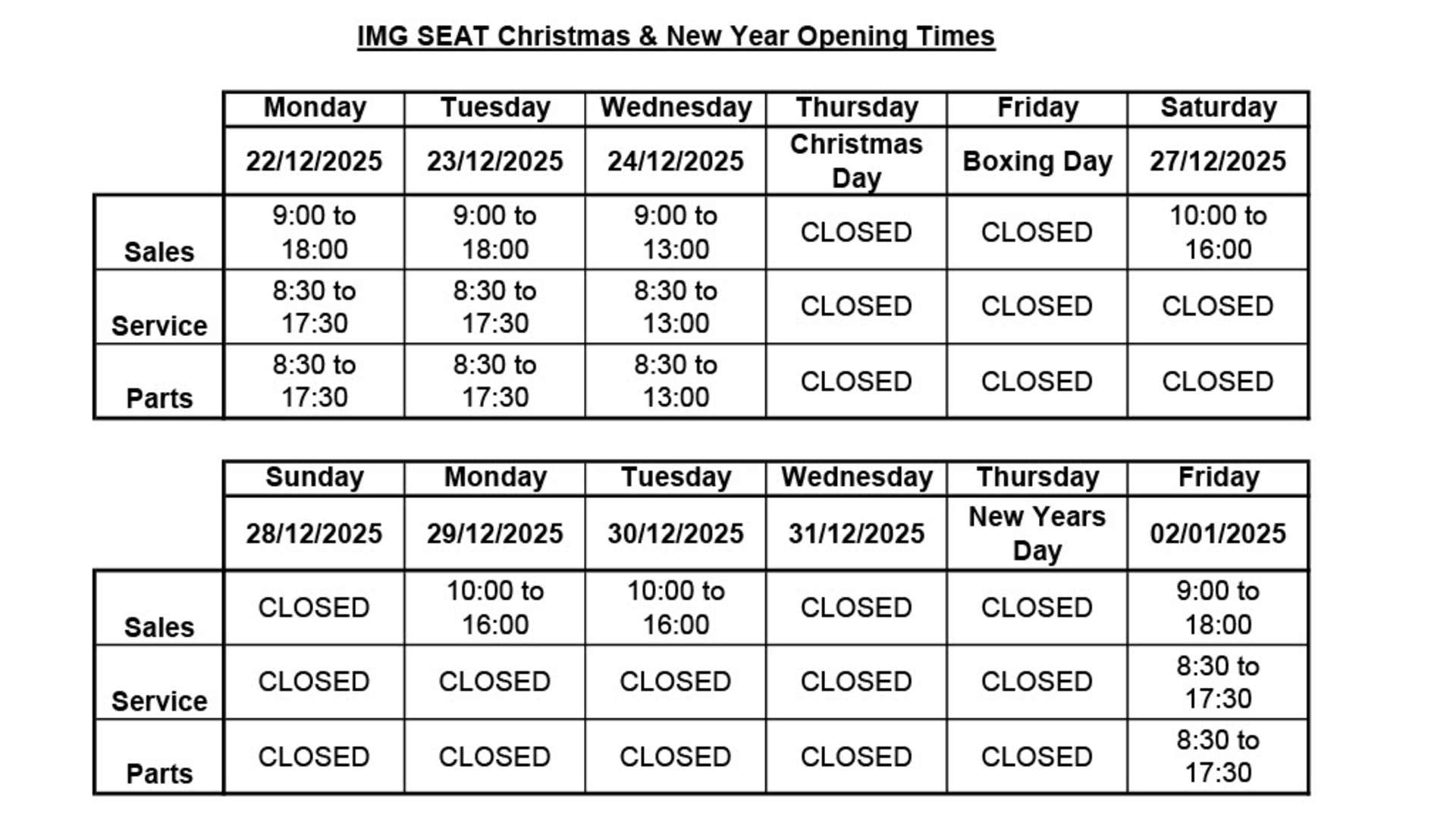 Christmas &amp; New Year Opening Hours