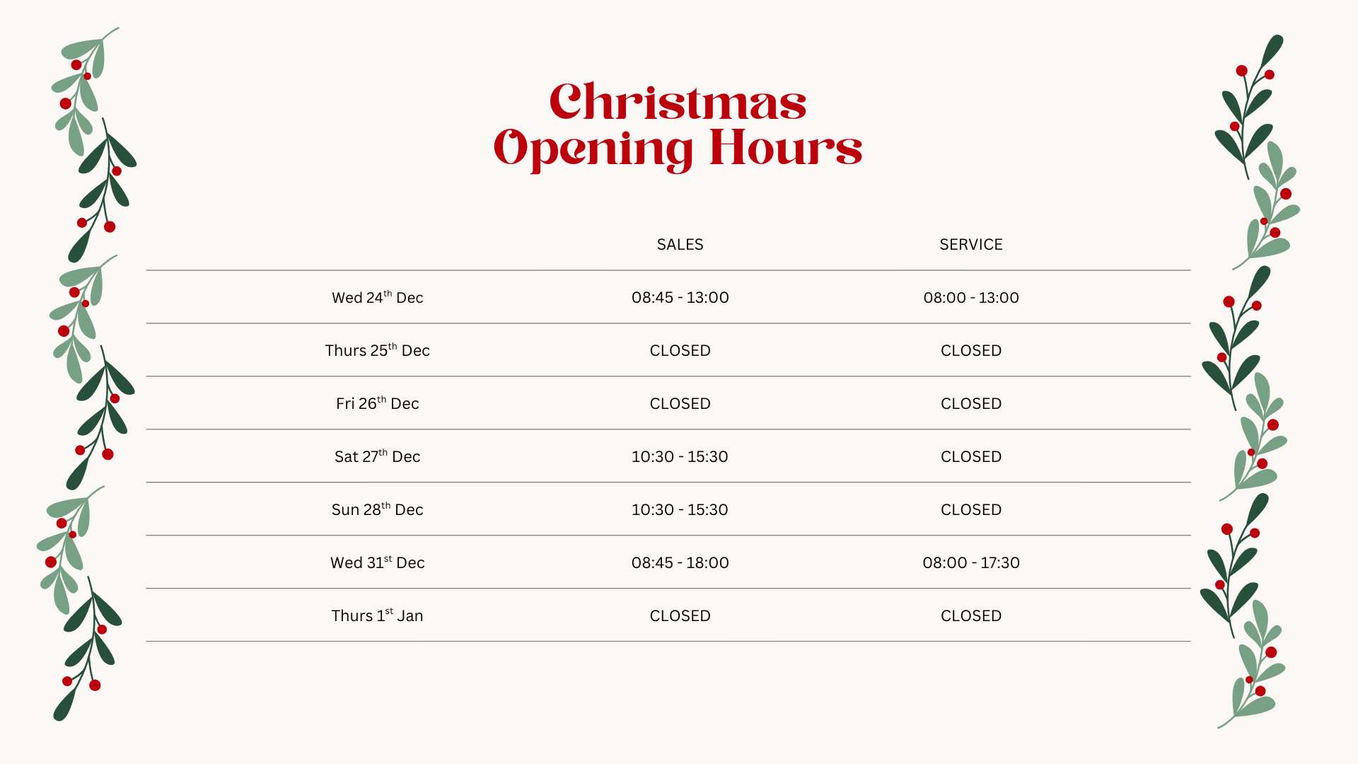 CG Christmas hours