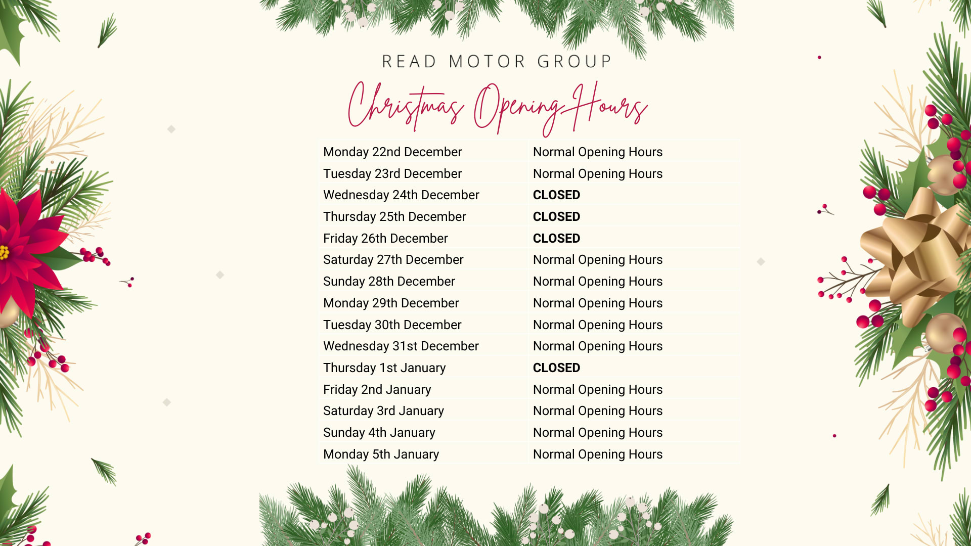 Xmas Opening Hours