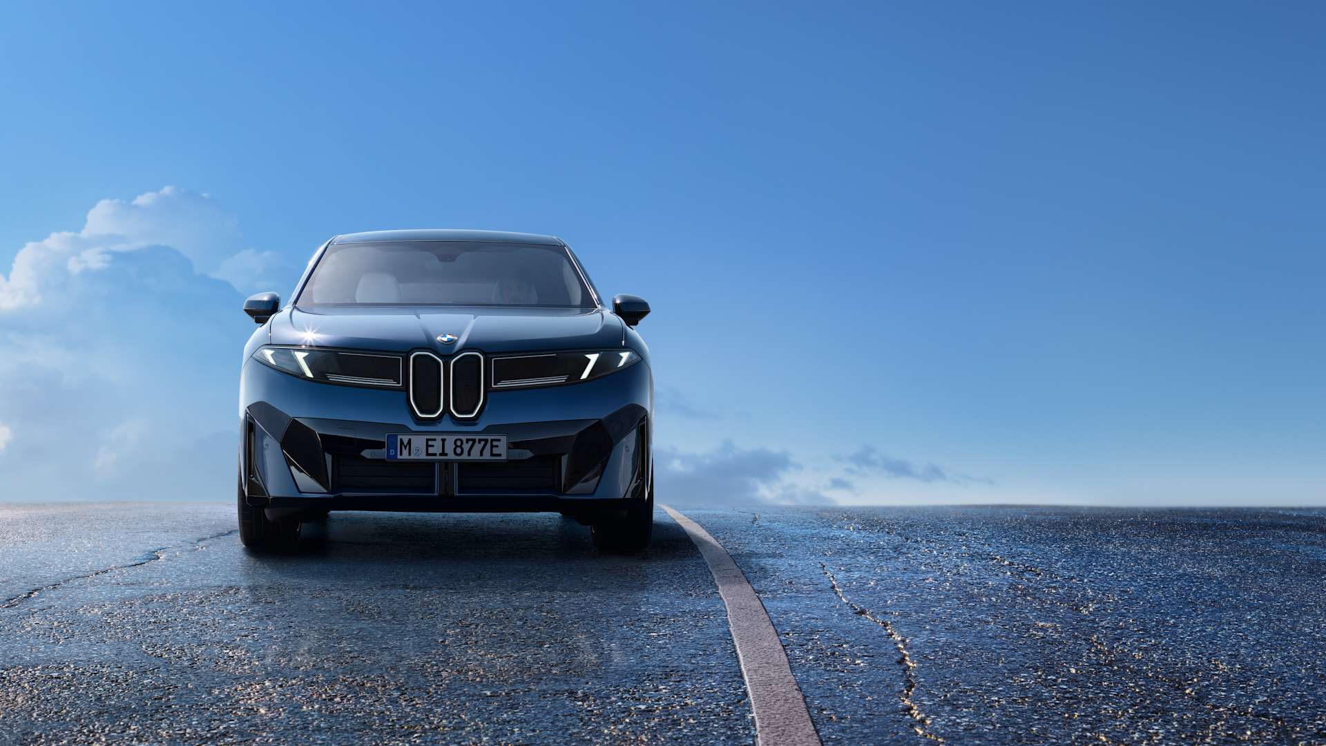 Front view of the new BMW iX3 - all-electric SAV with bold design and illuminated kidney grille.