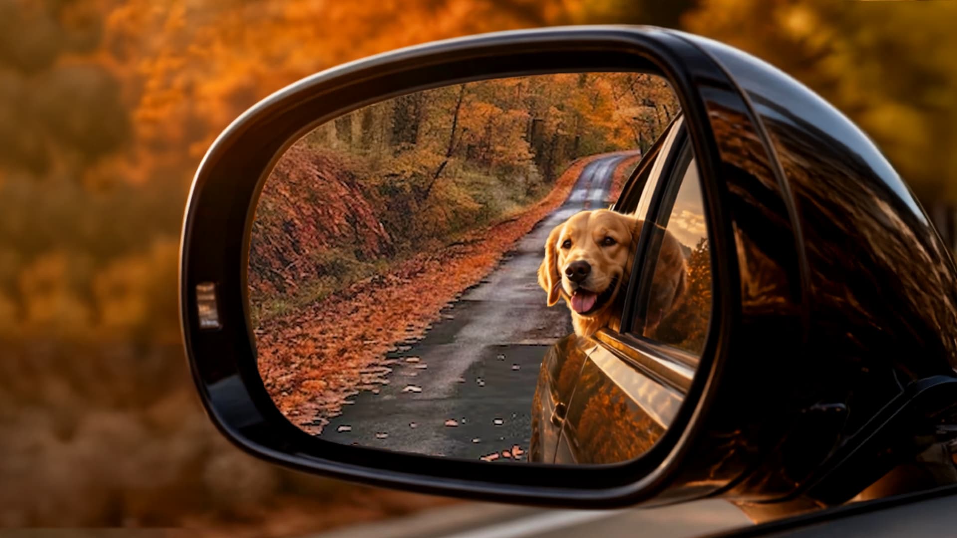 Autumn image of a car wing mirror showing the reflection of a dogs head out the back window  
