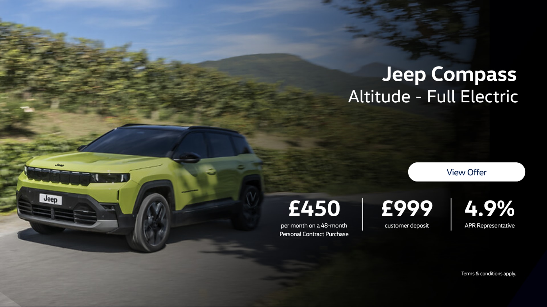 Green Jeep Compass driving down a country road, overlayed with offer. £450 per month, £999 customer deposit, 4.9% APR