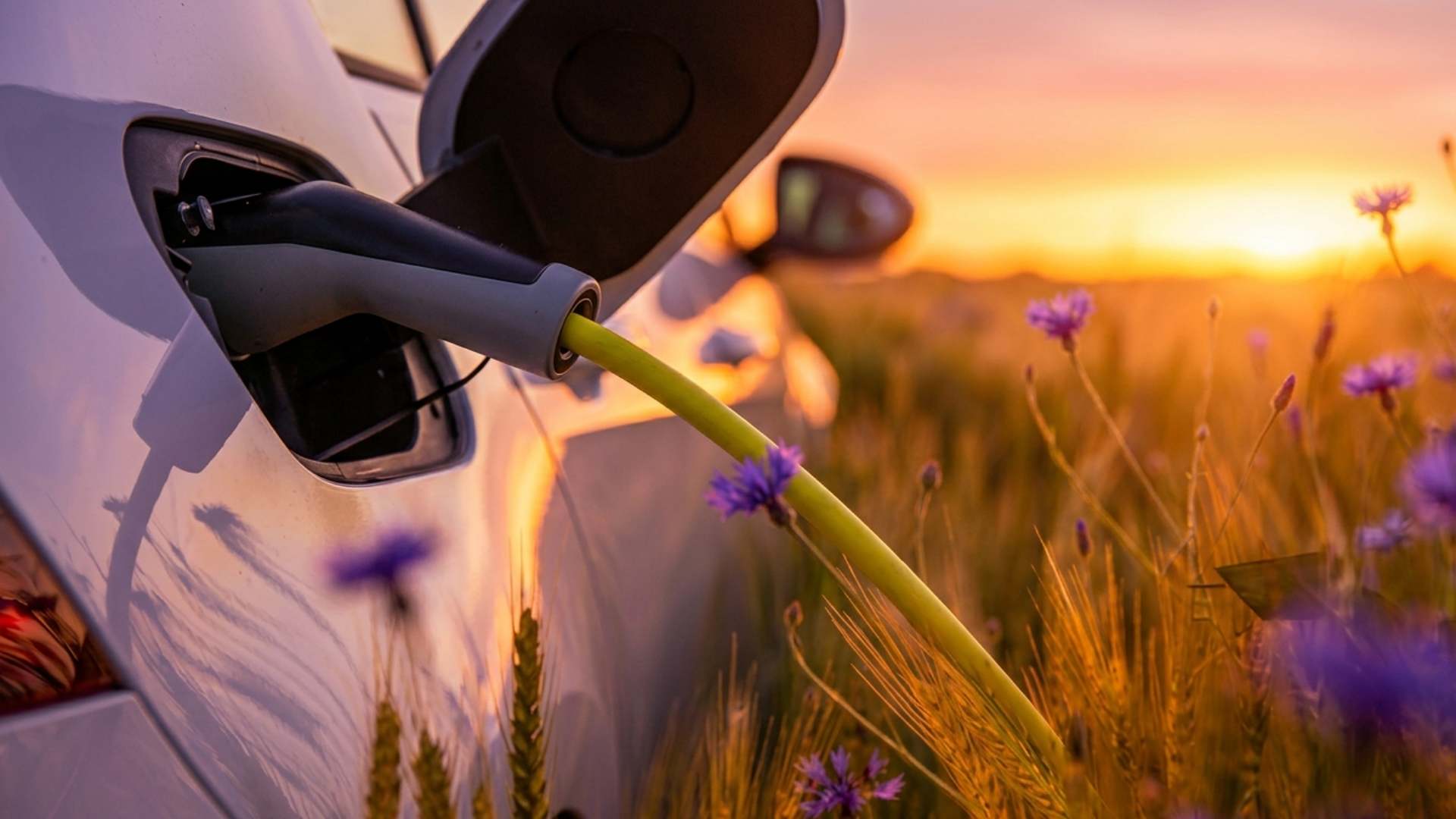 Electric Car Charging amongst wild flowers in a field with a sunset on the horizon