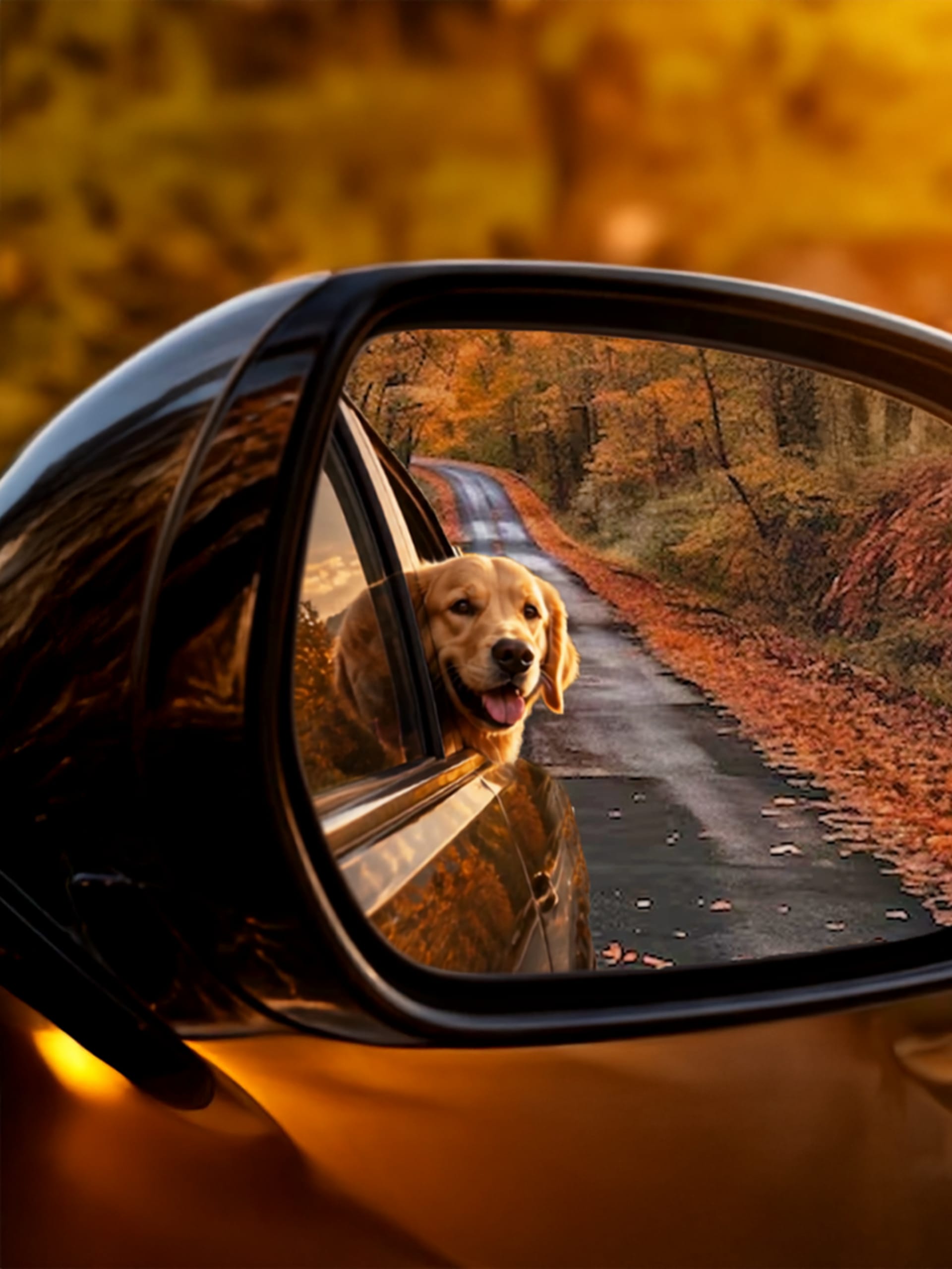 Autumn image of a car wing mirror showing the reflection of a dogs head out the back window  