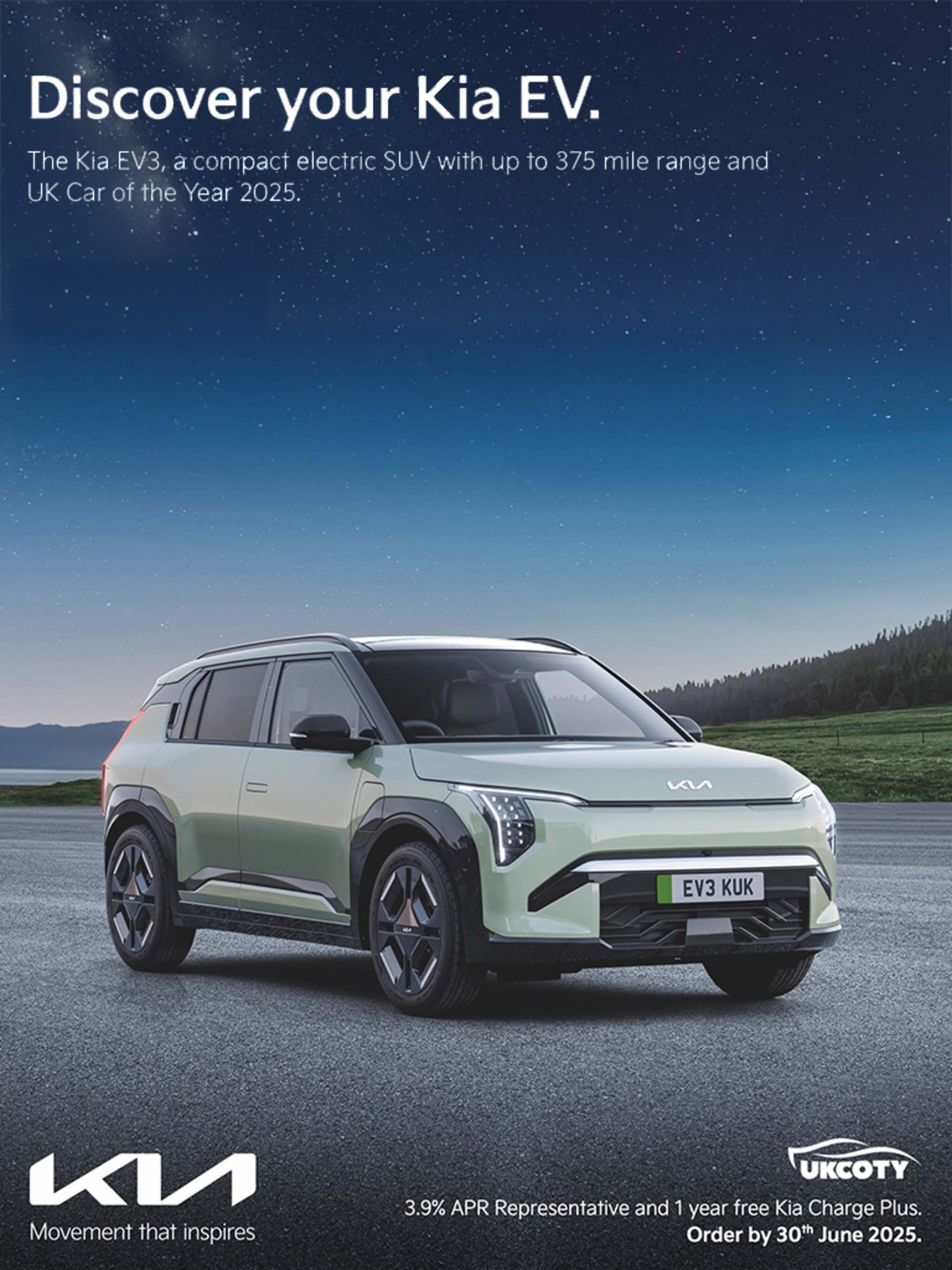 Kia EV3 parked outside modern house