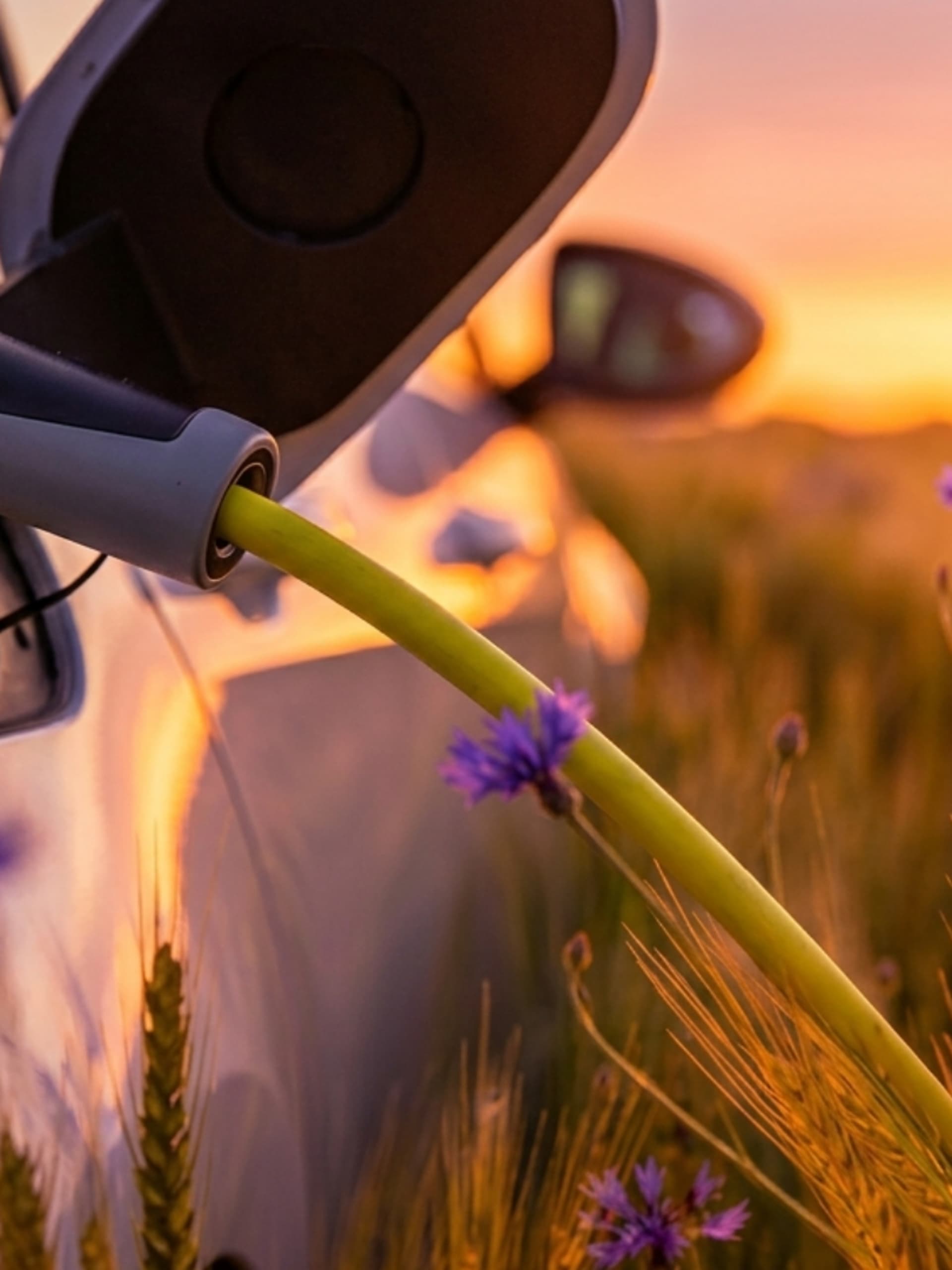 Electric Car Charging amongst wild flowers in a field with a sunset on the horizon