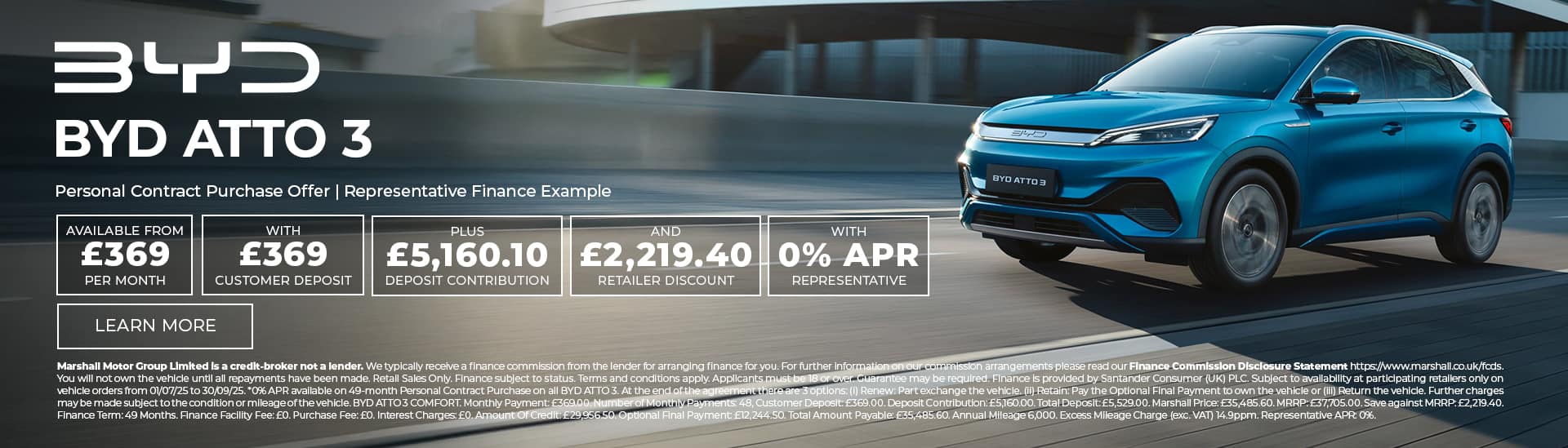 BYD ATTO 3 Personal Contract Purchase Offer - 0% APR Representative*.