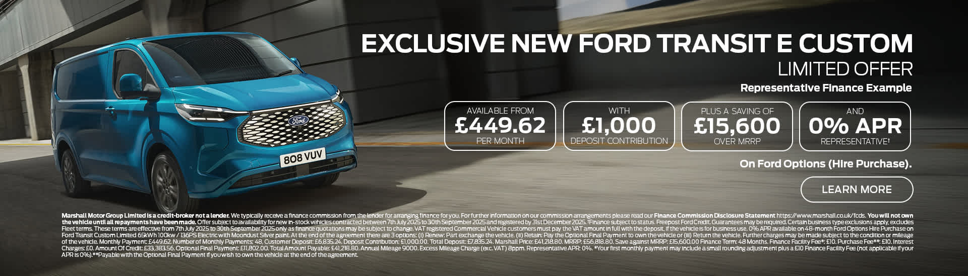 Ford E-Transit Custom Exclusive Ford Options (Hire Purchase) Offer 