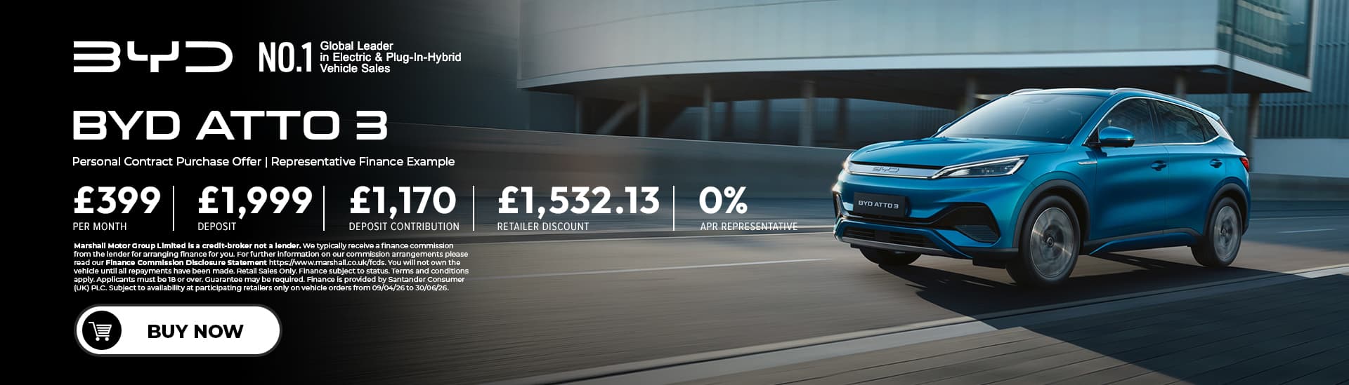 BYD ATTO 3 Personal Contract Purchase Offer - 0% APR Representative*.