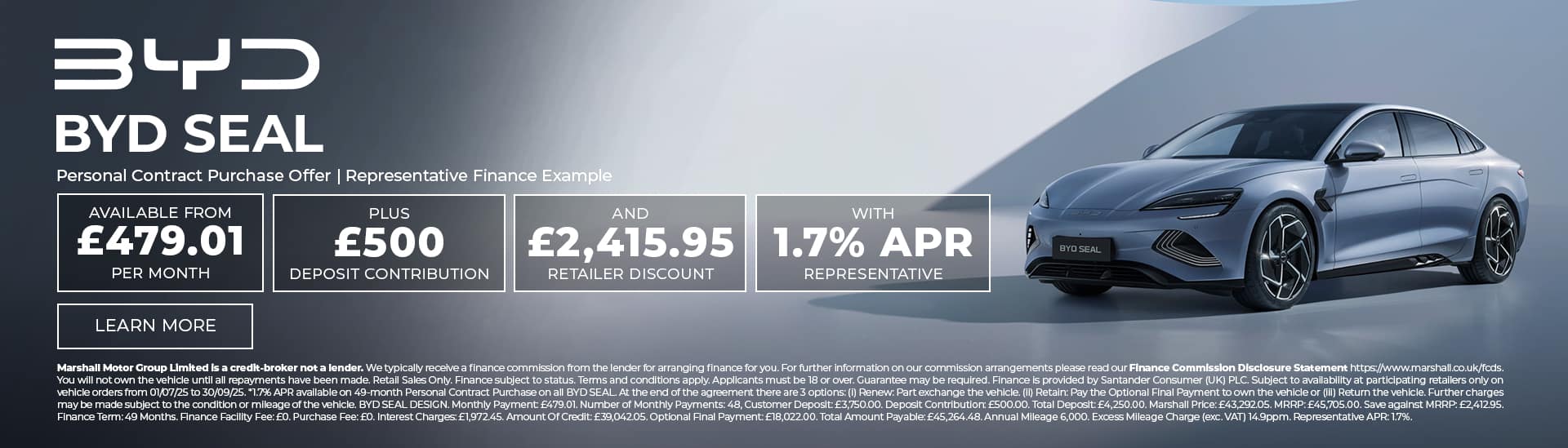 BYD SEAL Personal Contract Purchase Offer - 1.7% APR Representative*.