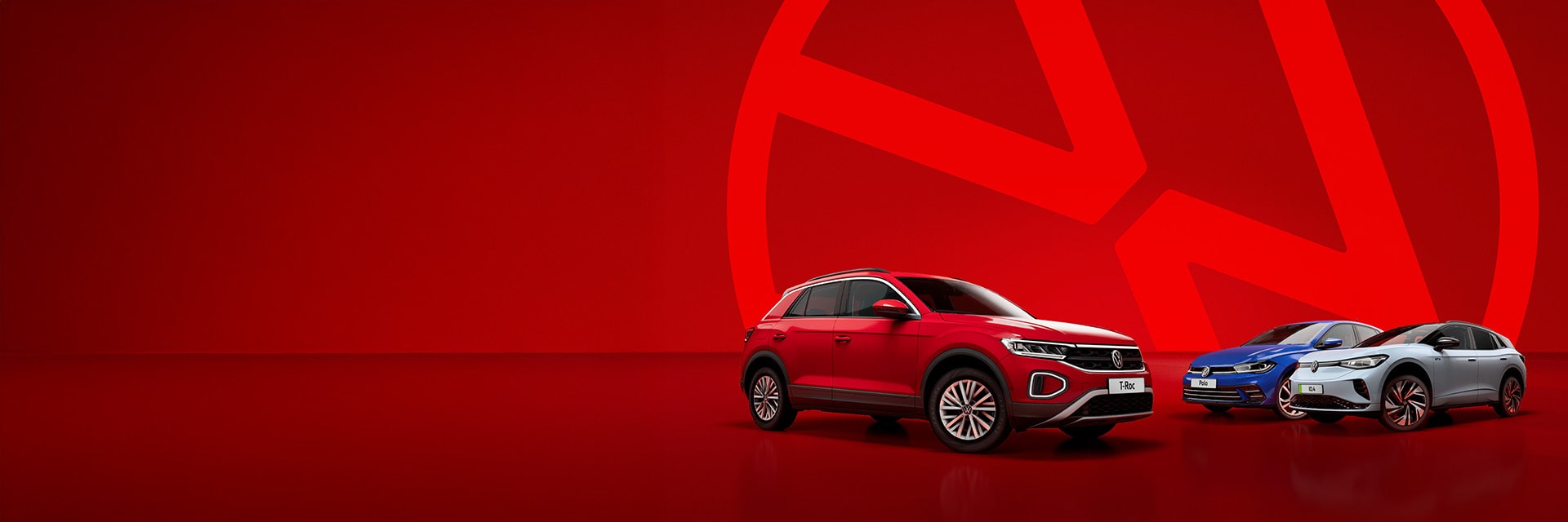 Volkswagen Polo, T-Roc and ID.4 on a red background