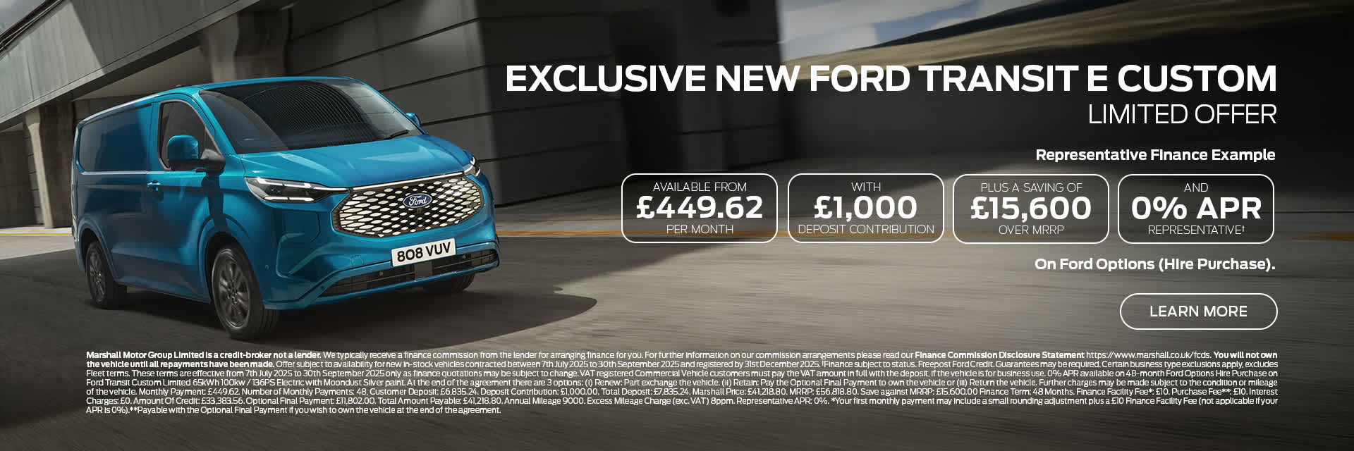 Ford E-Transit Custom Exclusive Ford Options (Hire Purchase) Offer 
