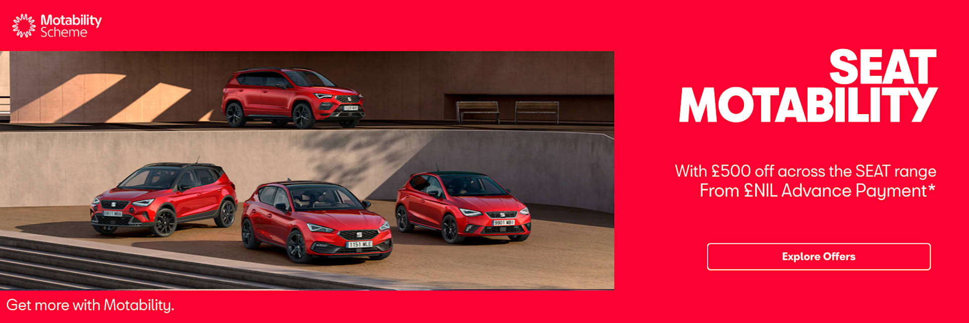 SEAT Motability with £500 off across the SEAT range. From £0 advance payment