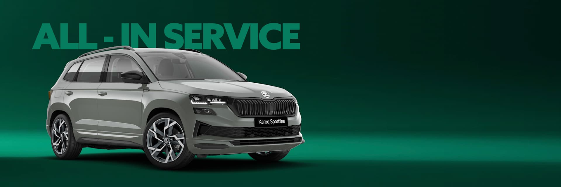 Karoq sportline All in Service abnner on green background Feb25