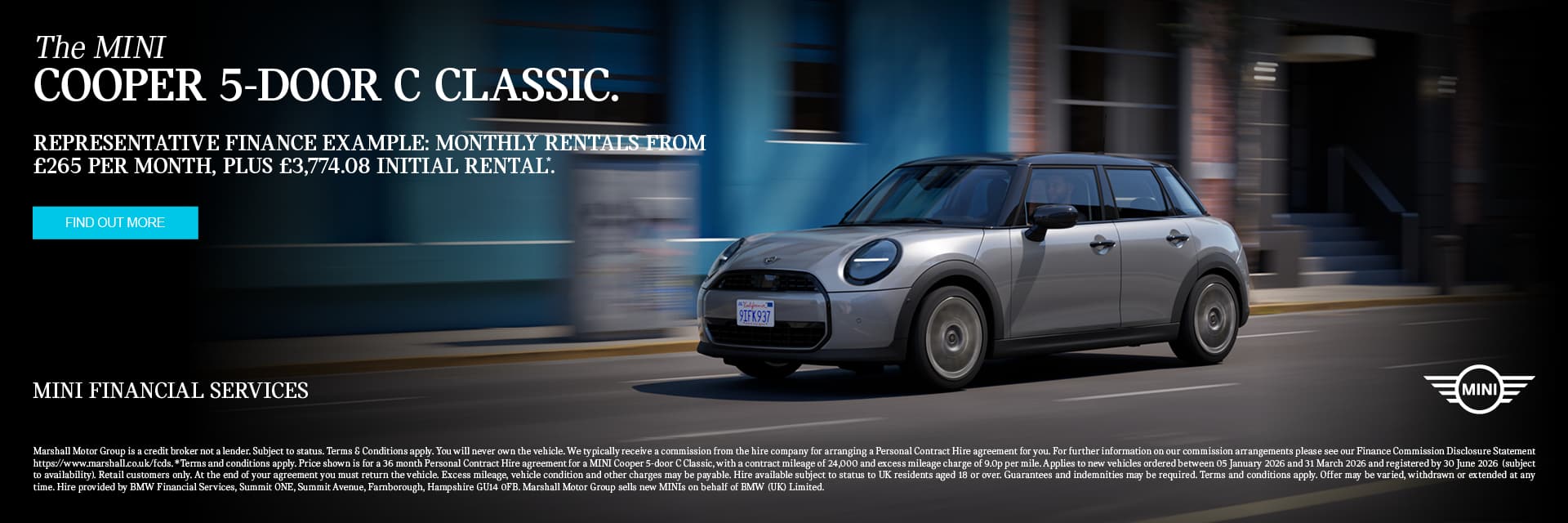 MINI 5-DOOR COOPER C CLASSIC ON PERSONAL CONTRACT PURCHASE.