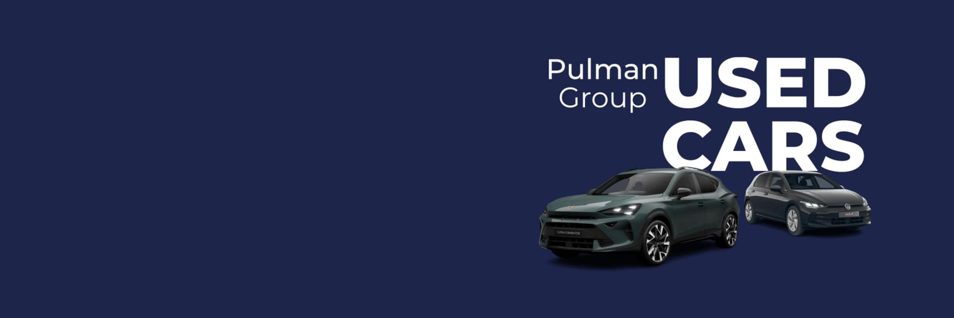 Pulman used car website banner with car illustrations.