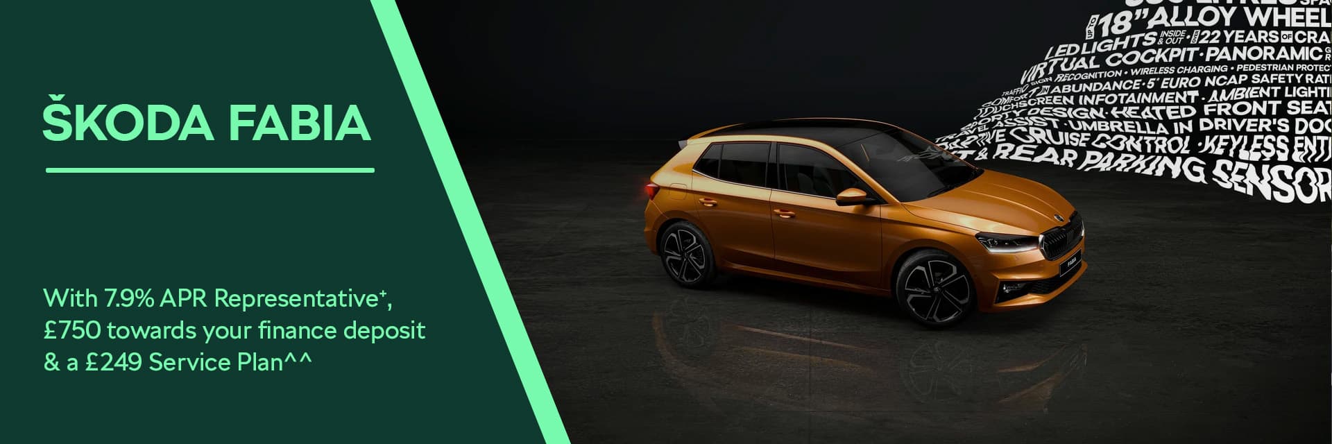 Skoda Fabia PCP Offer - Orange Skoda Fabia on black background